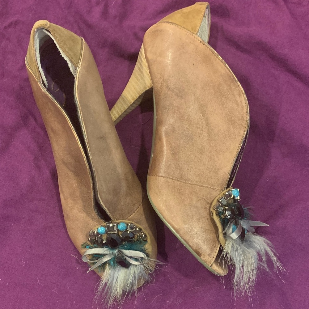 Poetic License Tan Heels with Embellishments